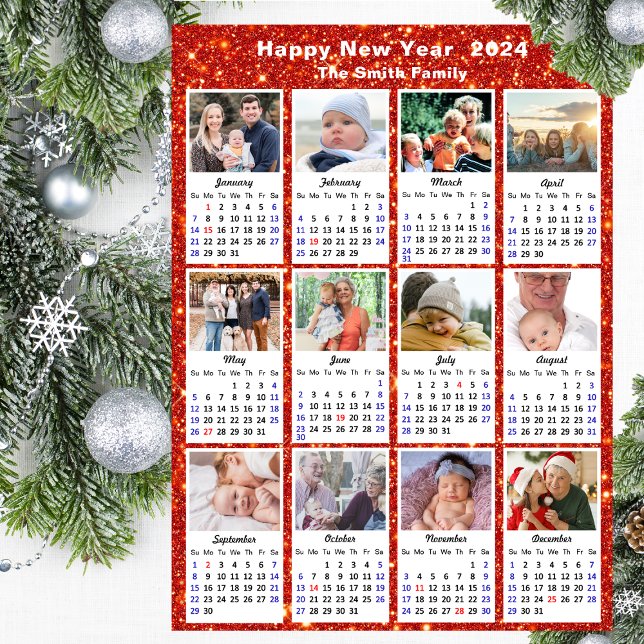 2024 Calendar Modern Family Photo Festive Red Holiday Card (Creator Uploaded)