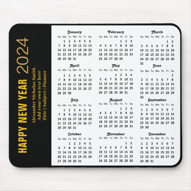 2024 Calendar Modern Gold Script Black Minimalist Mouse Pad (Front)