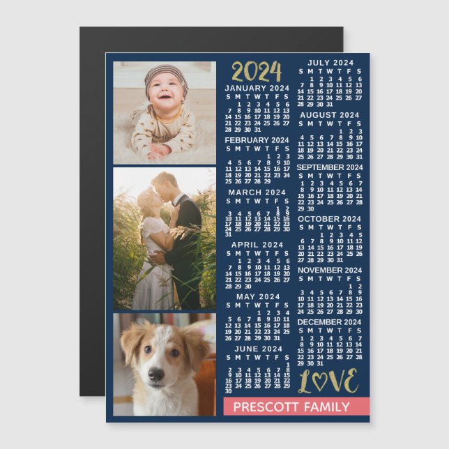 2024 Calendar Navy Coral Gold Custom Photo Collage Magnetic Invitation (Front/Back)