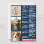 2024 Calendar Navy Coral Gold Custom Photo Collage Magnetic Invitation (Front)