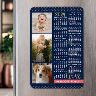 2024 Calendar Navy Coral Gold Family Photo Collage Magnet
