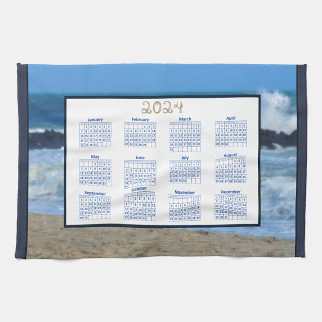 2024 Calendar Ocean Waves Beach Rocks Photo Tea Towel (Horizontal)