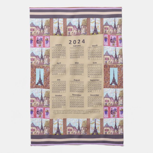 2024 Calendar Paris Eiffel Tower Pointillism Art Tea Towel (Vertical)