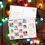 2024 Calendar Photo Collage Christmas & New Year Postcard<br><div class="desc">CONTACT THE DESIGNER FOR UPDATED CALENDAR. Combine a useful 2024 year-at-a-glance calendar postcard with JOYFUL WISHES FOR 2024 featuring 12 pictures in a bright, cheerful year-round colour scheme on the front and an editable greeting on the back in your choice of font styles, colour and size. ASSISTANCE: For help with...</div>