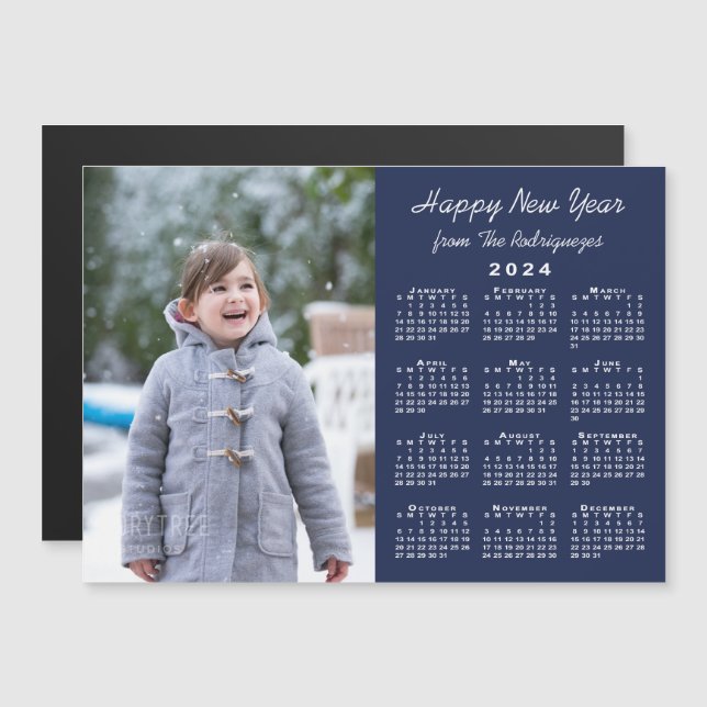 2024 Calendar Photo Happy New Year Navy Magnet (Front/Back)