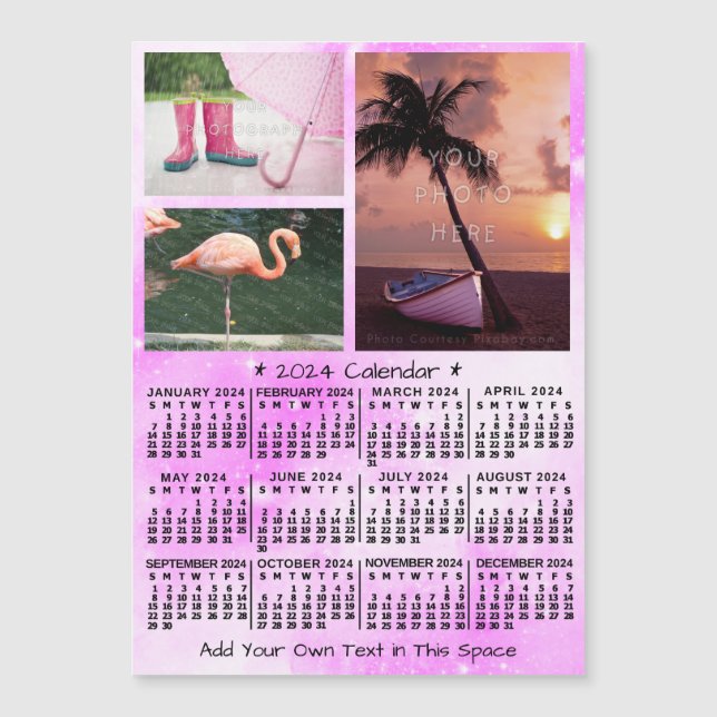 2024 Calendar Pink Watercolor Custom Photos Magnet (Front)
