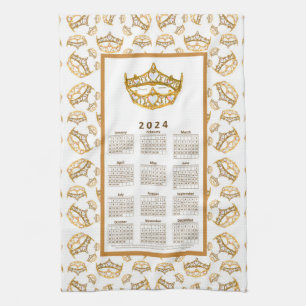 2024 Calendar Queen of Hearts Gold Crown Tiaras Tea Towel