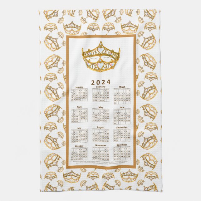 2024 Calendar Queen of Hearts Gold Crown Tiaras Tea Towel (Vertical)