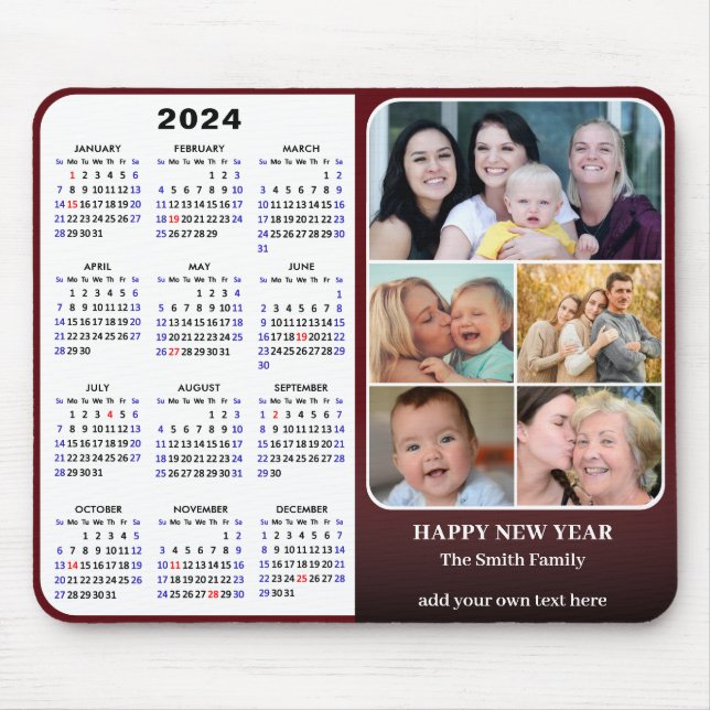 2024 Calendar Red Family Photo Collage US Holidays Mouse Pad (Front)
