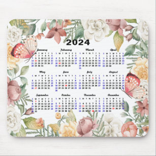 2024 Calendar Rose Floral Greenery Pink Butterfly Mouse Pad