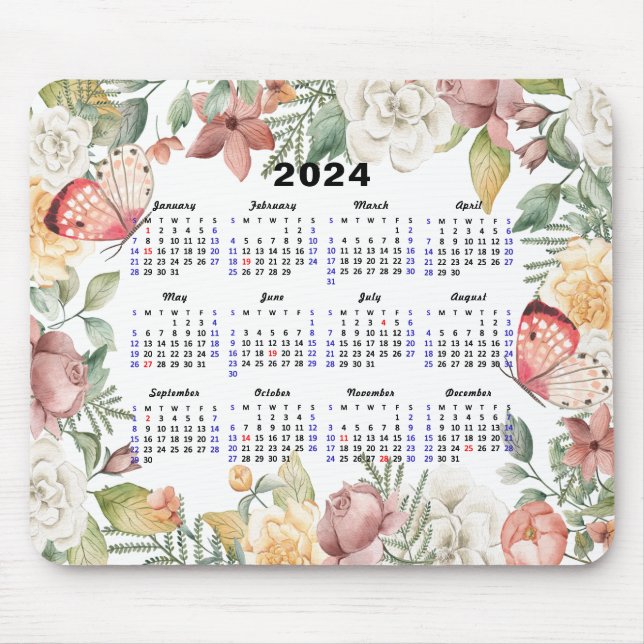 2024 Calendar Rose Floral Greenery Pink Butterfly Mouse Pad (Front)