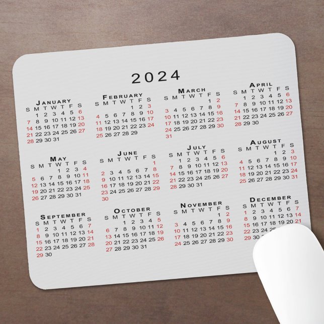 2024 Calendar Simple Grey Black Red Mouse Pad (2024 Calendar Mouse Pad with Black and Red Dates In Situ)