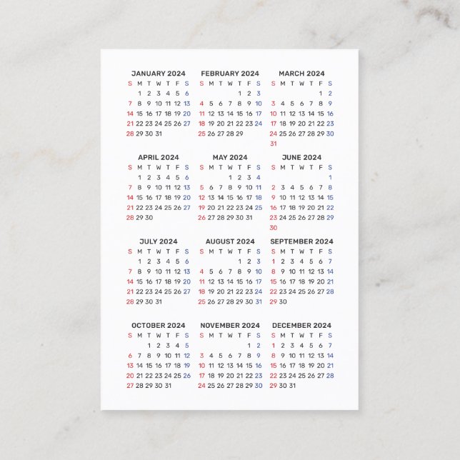2024 Calendar SUNDAY Vertical Promotional Tool Business Card (Back)