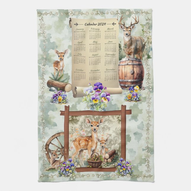 2024 Calendar Towel Deer Buck Pansies Acorns Green (Vertical)