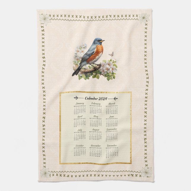2024 Calendar Towel Robin Bird Peach Damask (Vertical)
