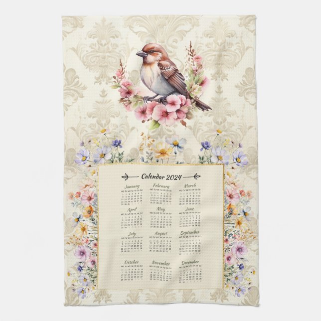 2024 Calendar Towel Sparrow with Wildflowers (Vertical)