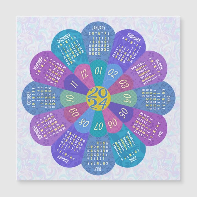 2024 Calendar Unique Boho Purple Flower Magnet (Front)