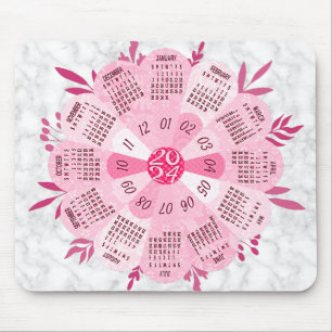 2024 Calendar Unique Round Boho Pretty Pink Flower Mouse Pad