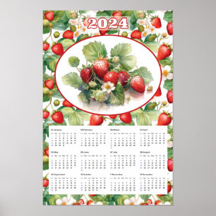 2024 Calendar Vintage Strawberries Watercolor  Poster