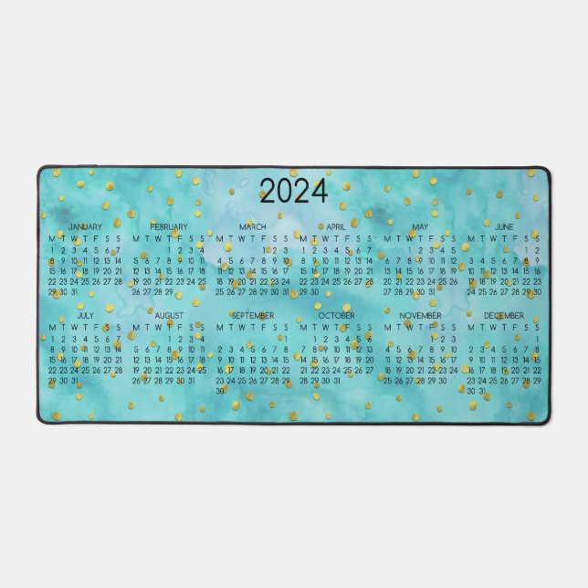 2024 Calendar Watercolor Turquoise Gold Polka Dots Desk Mat (Front)
