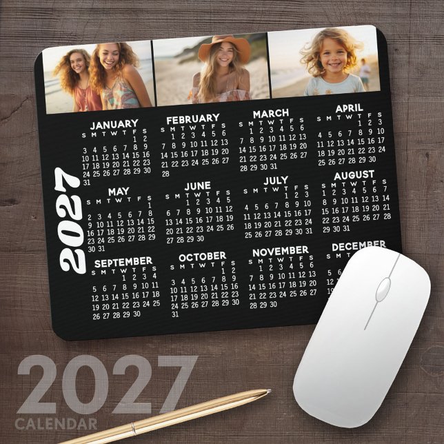 2024 Calendar with 3 Photo Collage - black  Mouse Pad (2027 Calendar Mousepad)