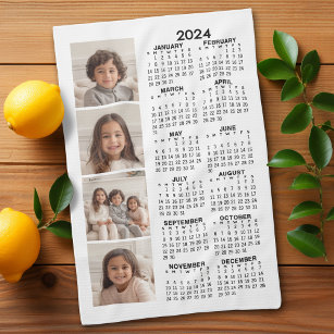 2024 Calendar with 4 Photo Collage - white Tea Towel