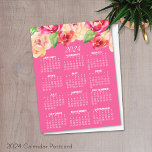 2024 Calendar with Painted Watercolor Flowers pink Postcard<br><div class="desc">New Year - New You -- A feminine and whimsical,  watercolor piece of art with a 2024 calendar. This feminine design with natural floral arrangement and and full year calendar with be a positive start to the best year ever.</div>