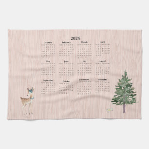 2024 Calendar Woodland Deer Bird Tree Tea Towel