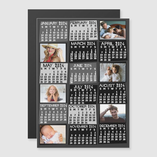 2024 Calendar Year Black Mod Custom Photo Collage Magnetic Invitation (Front/Back)