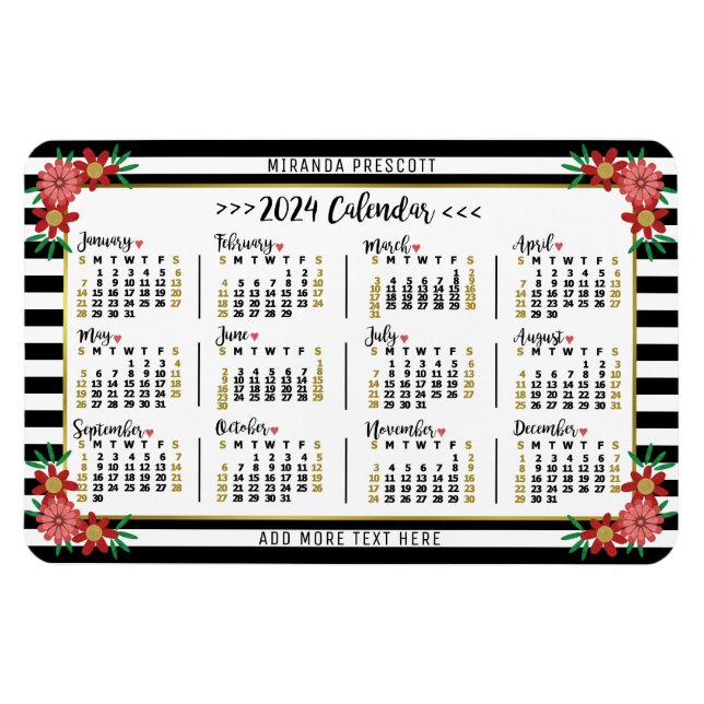 2024 Calendar Year Monthly Floral Stripes Preppy Magnet (Horizontal)