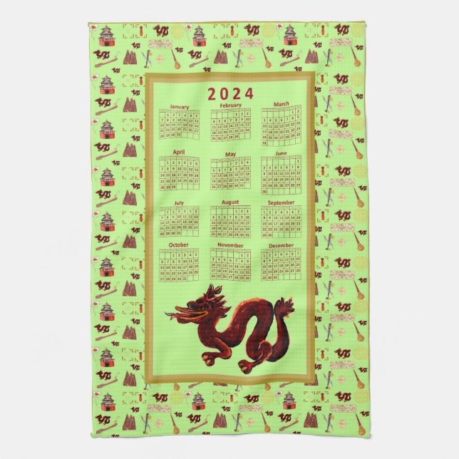 2024 Calendar Year of The Dragon Music Luck Tea Towel (Vertical)