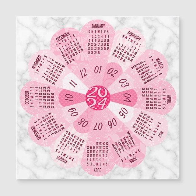 2024 Calendar Year Unique Boho Pink Flower Magnet (Front)