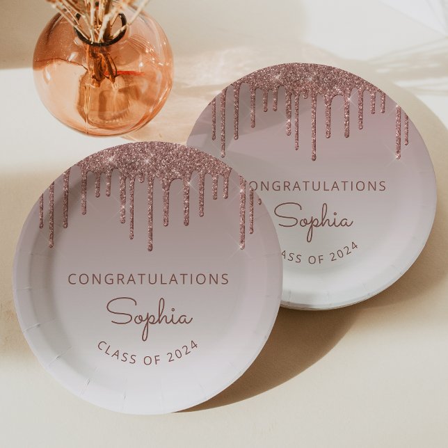 2024 Chic Rose Gold Glitter Drip Graduation Paper Plate (Creator Uploaded)