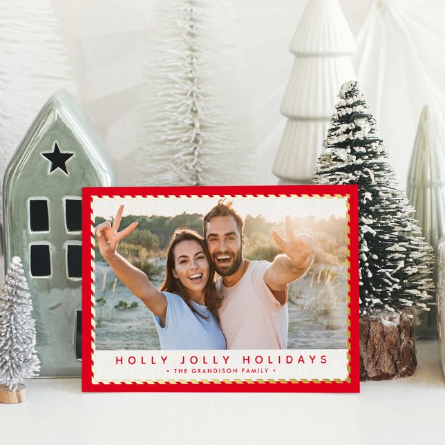 2024 CHRISTMAS PHOTO classy simple gold border red Foil Holiday Card (Creator Uploaded)