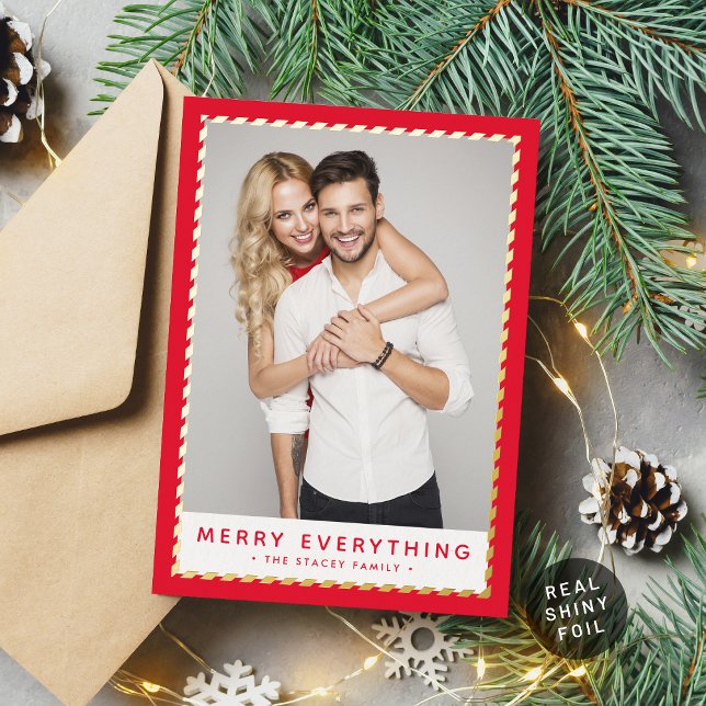 2024 CHRISTMAS PHOTO simple gold border red Foil H Foil Holiday Card (Creator Uploaded)