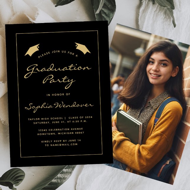 2024 Classic Black Gold Border Graduation Party Invitation (Creator Uploaded)
