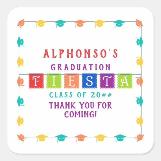 2024 Colourful Mexican Fiesta Graduation Party Square Sticker (Front)