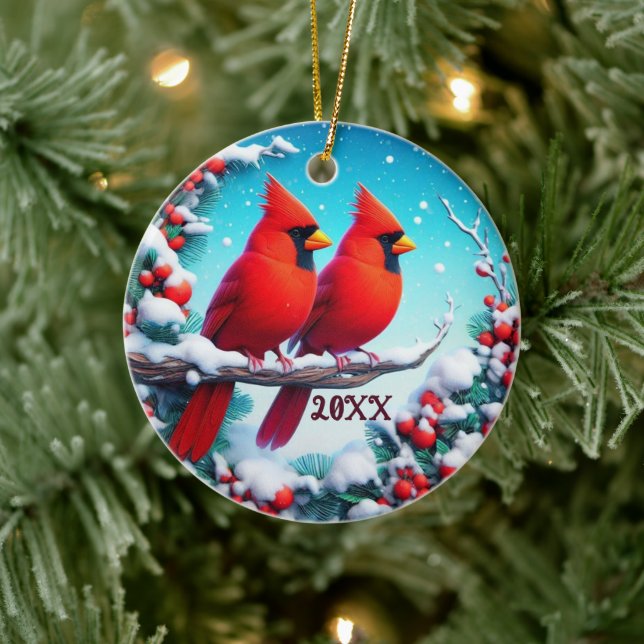2024 Custom Traditional Red Cardinal Winter Scene Ceramic Ornament (Tree)