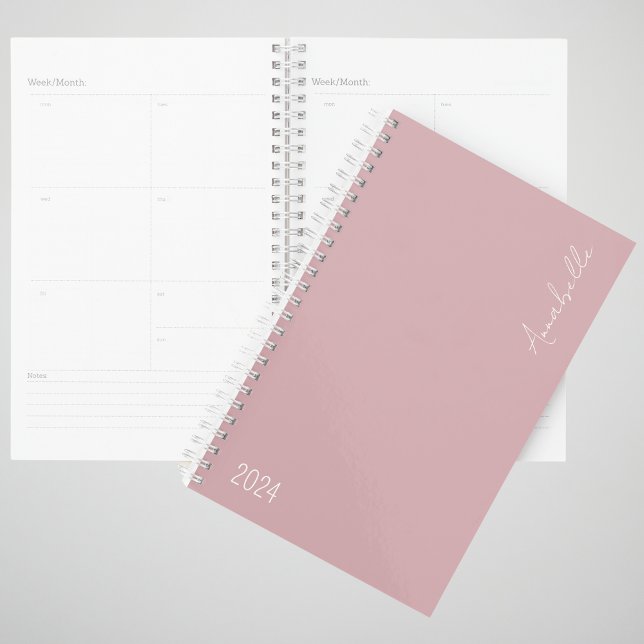 2024 Dusky Pink Week & Month Personalised Planner (2024 Weekly and Monthly planner. Spiral bound with dusky pink cover. Personalize with name.)