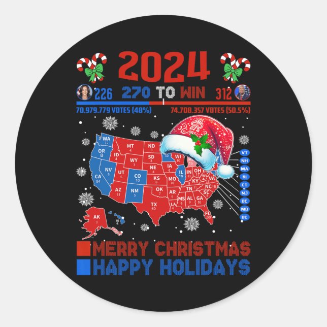 2024 Electoral Map Merry Christmas Trump Landslide Classic Round Sticker (Front)