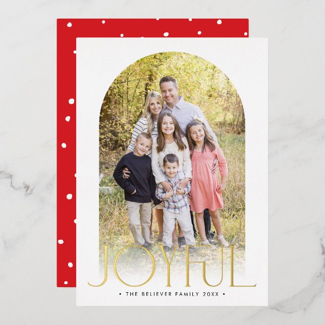 2024 FAMILY PHOTO minimal arch JOYFUL gold Foil Holiday Card (Front/Back)
