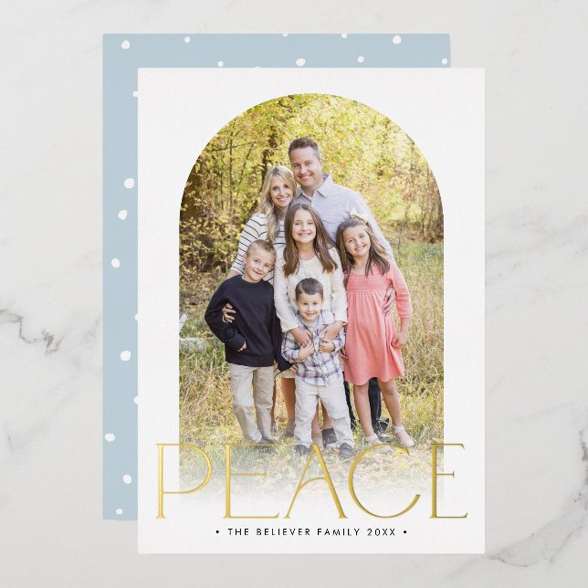 2024 FAMILY PHOTO minimal arch PEACE gold Foil Holiday Card (Front/Back)