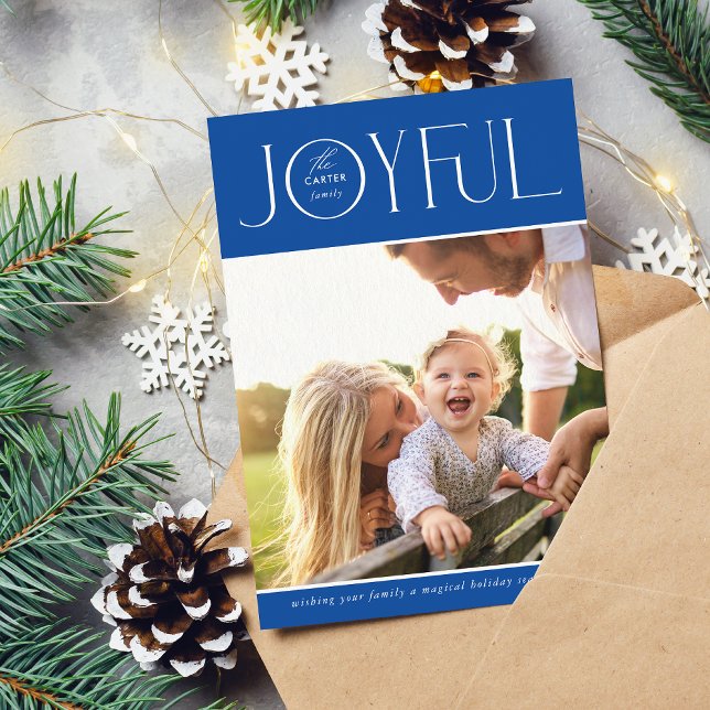 2024 FAMILY PHOTO modern elegant JOYFUL blue Holiday Card (Creator Uploaded)