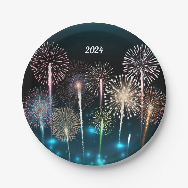 2024 Fireworks Happy New Year Paper Plate (Front)