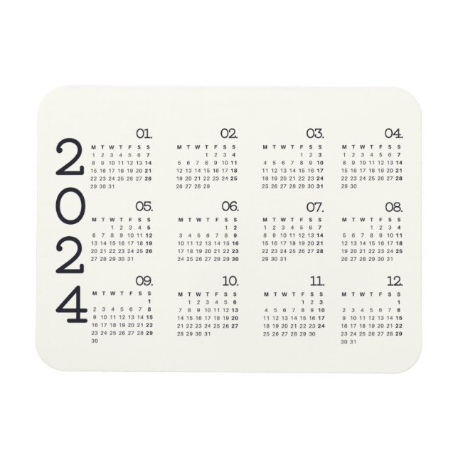 2024 Full Year Calendar Black And White Elegant Magnet (Horizontal)