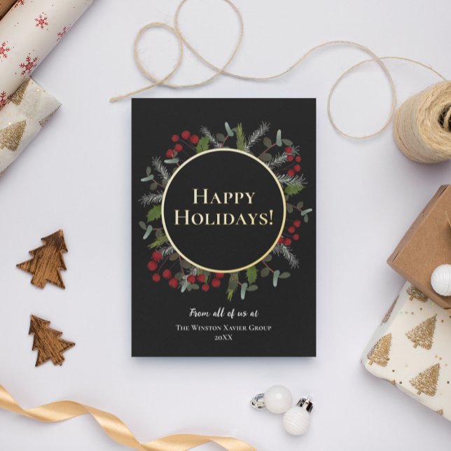 2024 Gilded Modern Christmas Wreath Company Name Foil Invitation Postcard (Gilded real gold foil Happy Holidays Company name greeting card.)