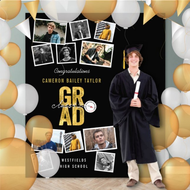 2024 Gold GRAD Graduation Party 11 Photo Backdrop Tapestry (2025 Gold GRAD Graduation Party 11 Photo Backdrop Tapestry | fatfatin @ zazzle.com/color_therapy)
