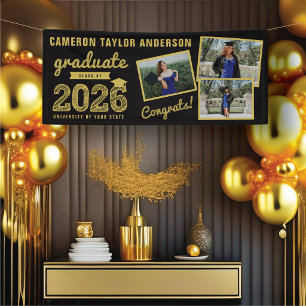 2024 Gold Sketch Three Photo Collage Grad Party Banner