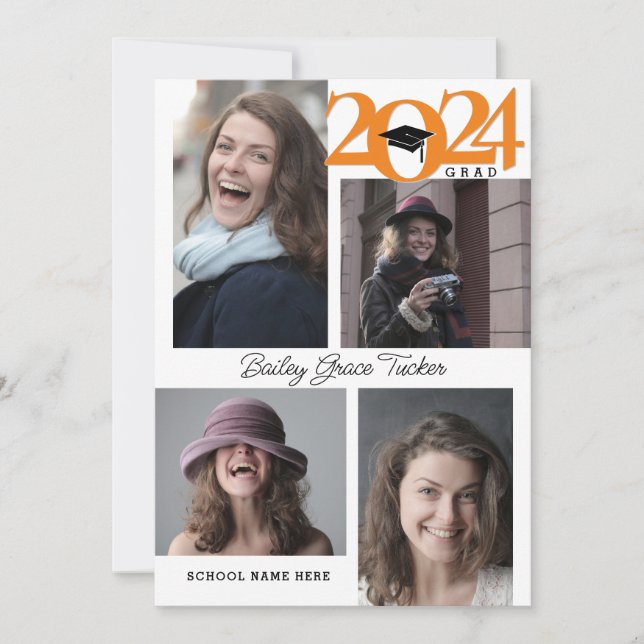 2024 GRAD Modern 5-Photo Collage Orange Graduation Announcement (Front)