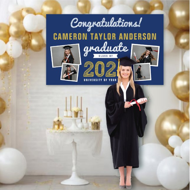 2024 Graduate Bold Sketch 4 Photo Graduation Party Banner (2024 Navy Blue & Gold Sketch 4 Photo Modern Graduation Party Banner @ www.zazzle.com/color_therapy)